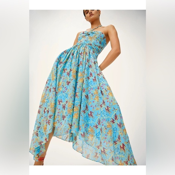 ALC Teal Handkerchief Hem Midi Halter Dress 0 - Picture 1 of 8